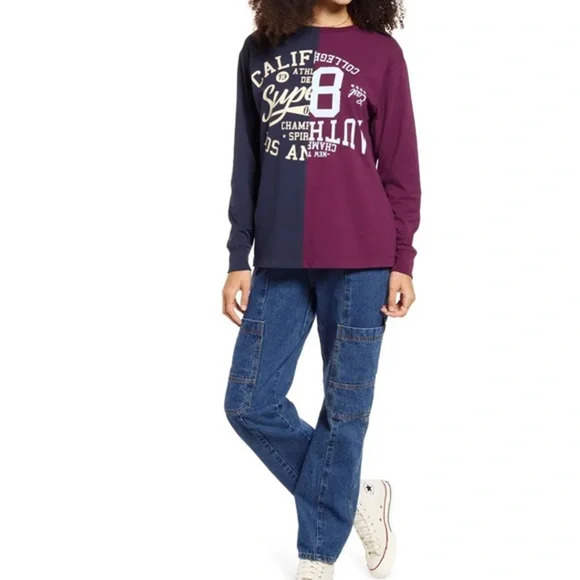 bp Tops - BP Split Sport Long Sleeve Graphic Top In Navy/Purple Redone Sport